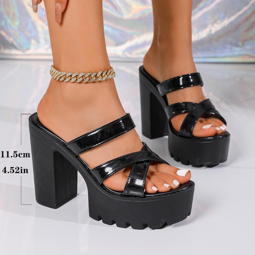 Pantuflas de tacón grueso para mujer, con puntera abierta, con tiras, cómodas, informales, de tacón alto, sin espalda, zapatos de vestir para graduación, boda, fiesta