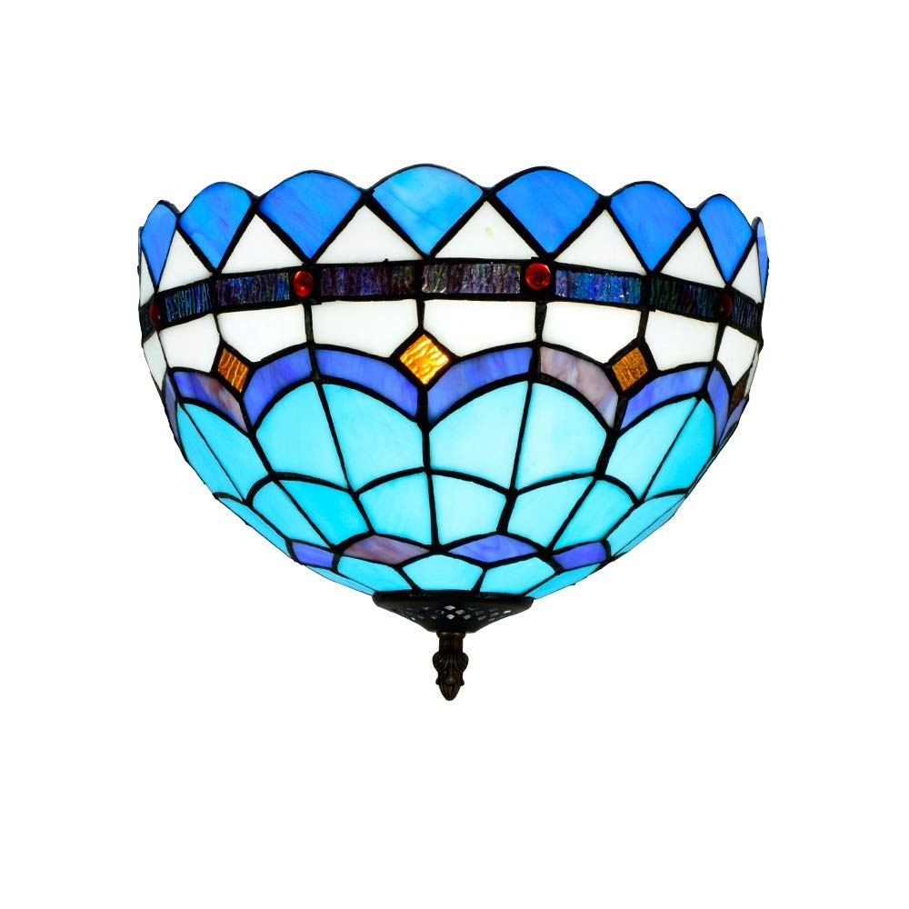 HJRegaFimu 12 Inches Flush Mount Ceiling Light Large Stained Glass Uplighter Lamp Blue Feather Vintage Style Deco Chandelier For Living Dining Room Bedroom Corridor
