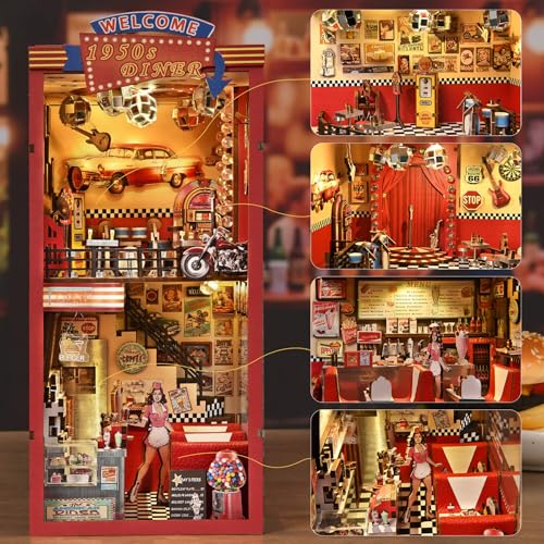 Image of fifijoy Book Nook Kit - DIY Miniature House Dollhouse Kit for Adults and Teens, Booknook Retro Diner Bookshelf Decor 3D Wooden Puzzle with LED Light, Gifts for Family and Friends (1950s Diner)