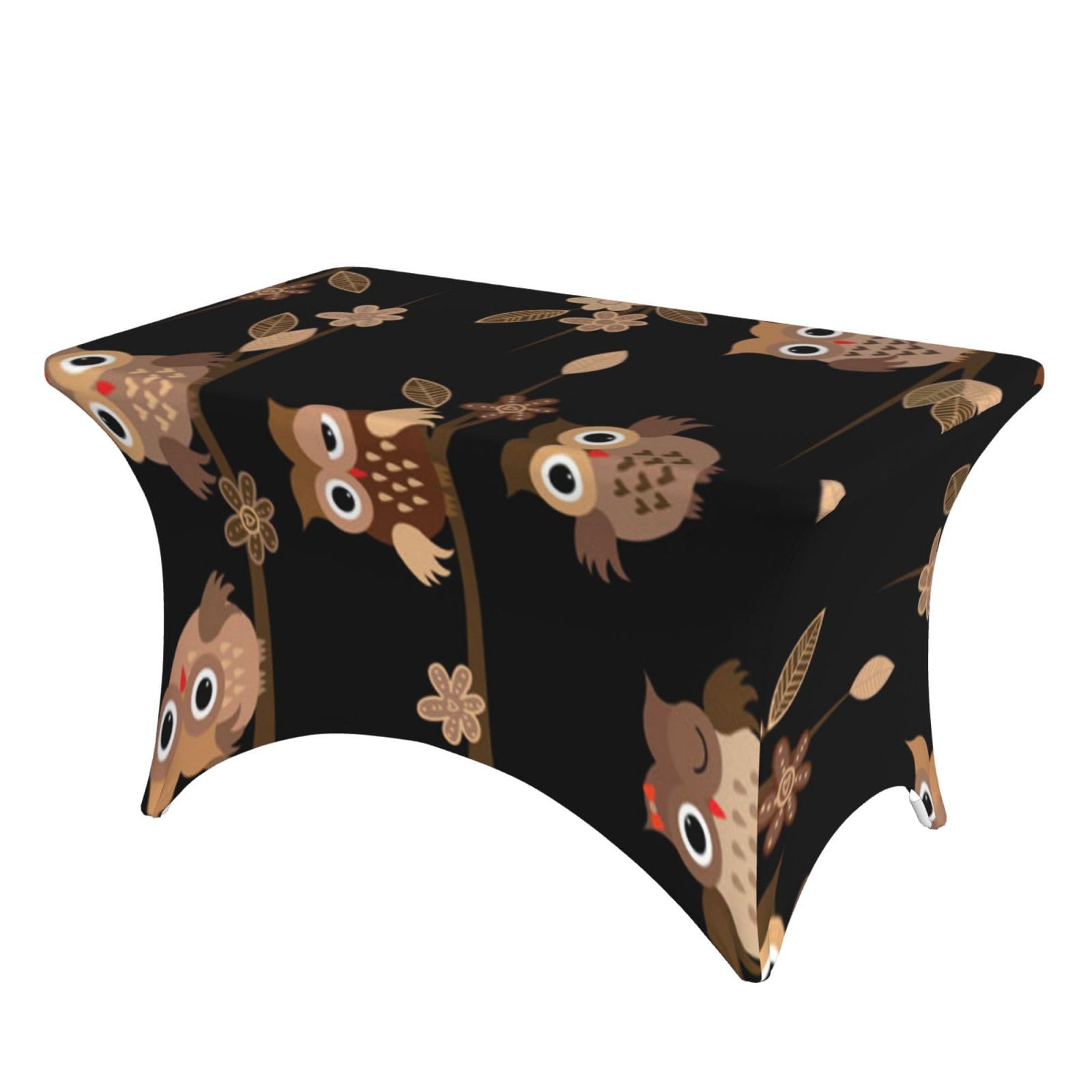 DCEHGEW 4FT Spandex Rectangular Table Cloth, Cute Brown Cartoon Owls Printed Fitted Elastic Tablecloths Washable Table Cover for Event, Wedding, Banquet & Party