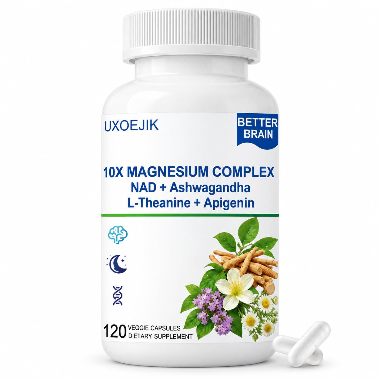 Magnesium Complex for Women & Men, with Apigenin, NAD+ & L-Theanine for Sleep Support, Magnesium Glycinate, Malate, Citrate, Oxide, Aspartate for Memory & Relaxation Support, Non-GMO 120 Count