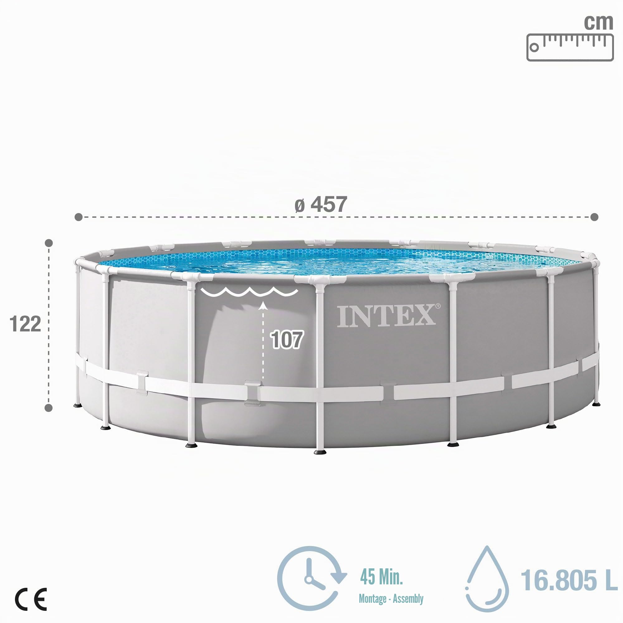 Intex 26726NP – Aufstellpool Prism Frame Rund, Filterpumpe 3785 L/h, Leiter, Bodenplane und Abdeckplane, 16805 L, Stahl und PVC, Grau, 457x122 cm