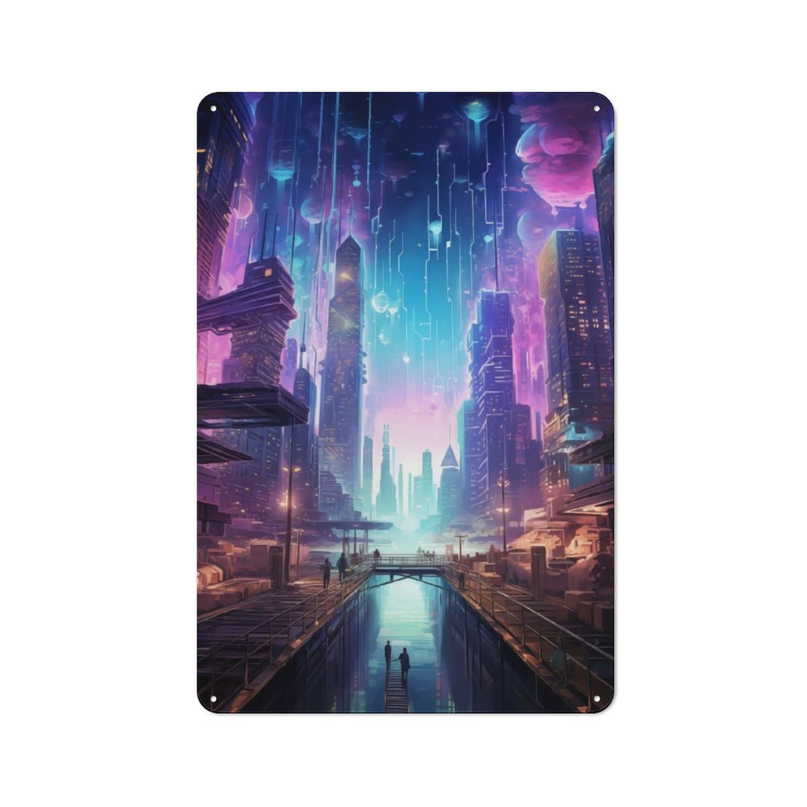Tin Wall Plaque 30x20cm with Futuristic City Skyscraper for Pub Or Café, with Clear Vintage Wall Decor Character