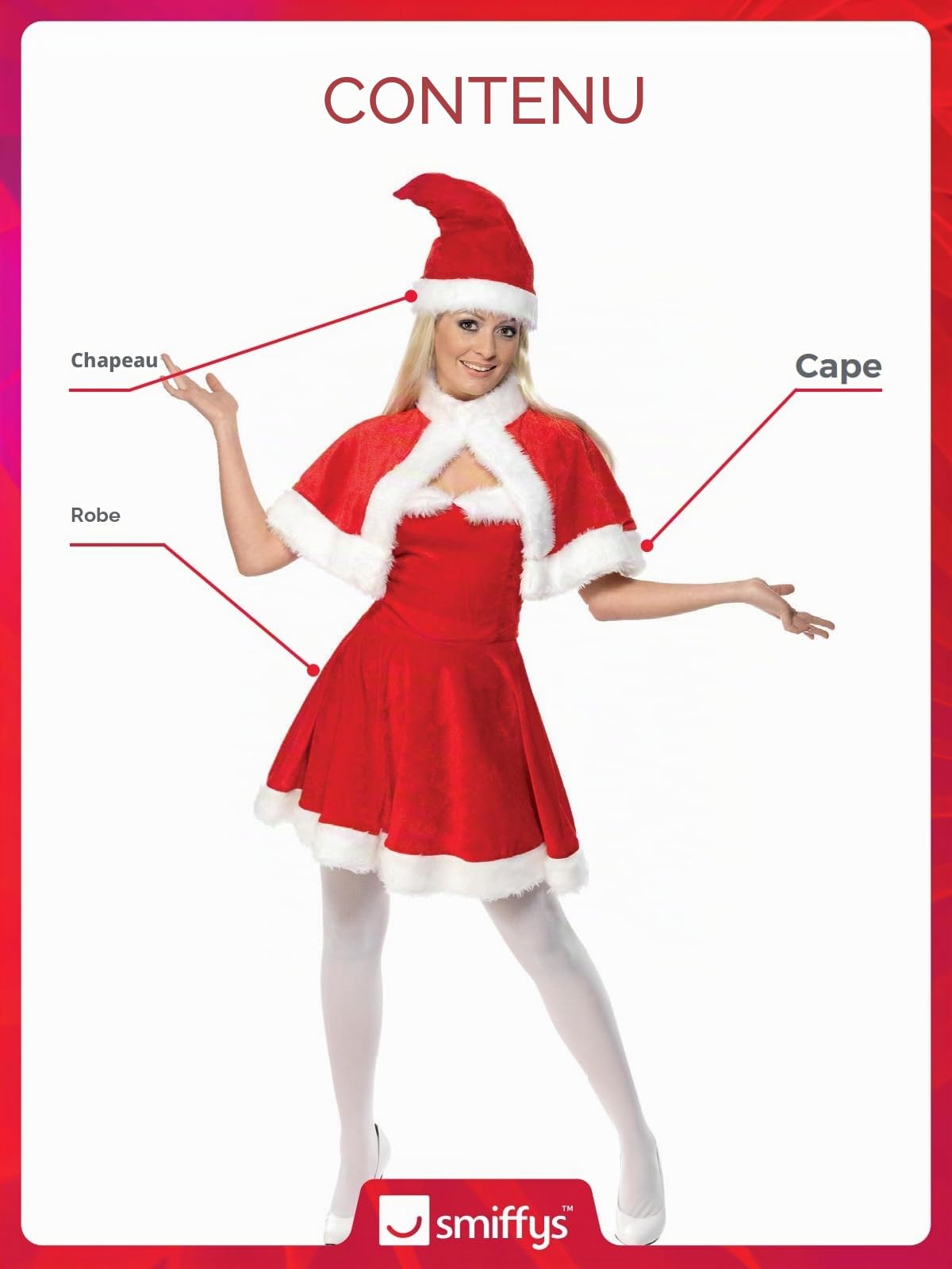 Smiffys Miss Santa Costume, Red with Dress, Cape & Hat, Christmas Adult Fancy Dress, Santa Dress Up Costumes