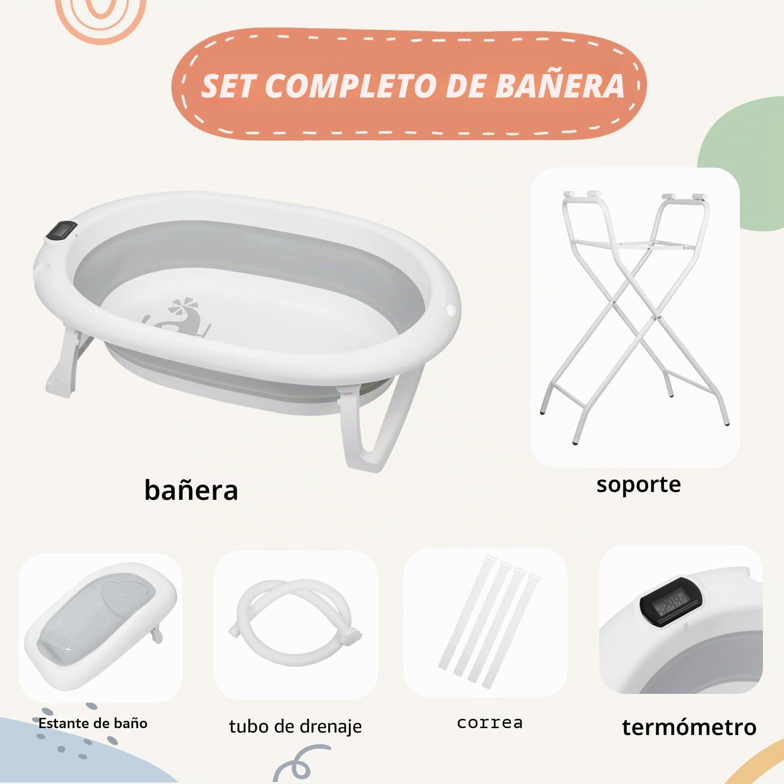 Bañera para bebé con marco de 90 cm, bañera plegable para bebés con bandeja para bañera, bañera para bebés con soporte y desagüe, desde el nacimiento hasta los 2 años (gris, 81 x 47 x 90 cm)