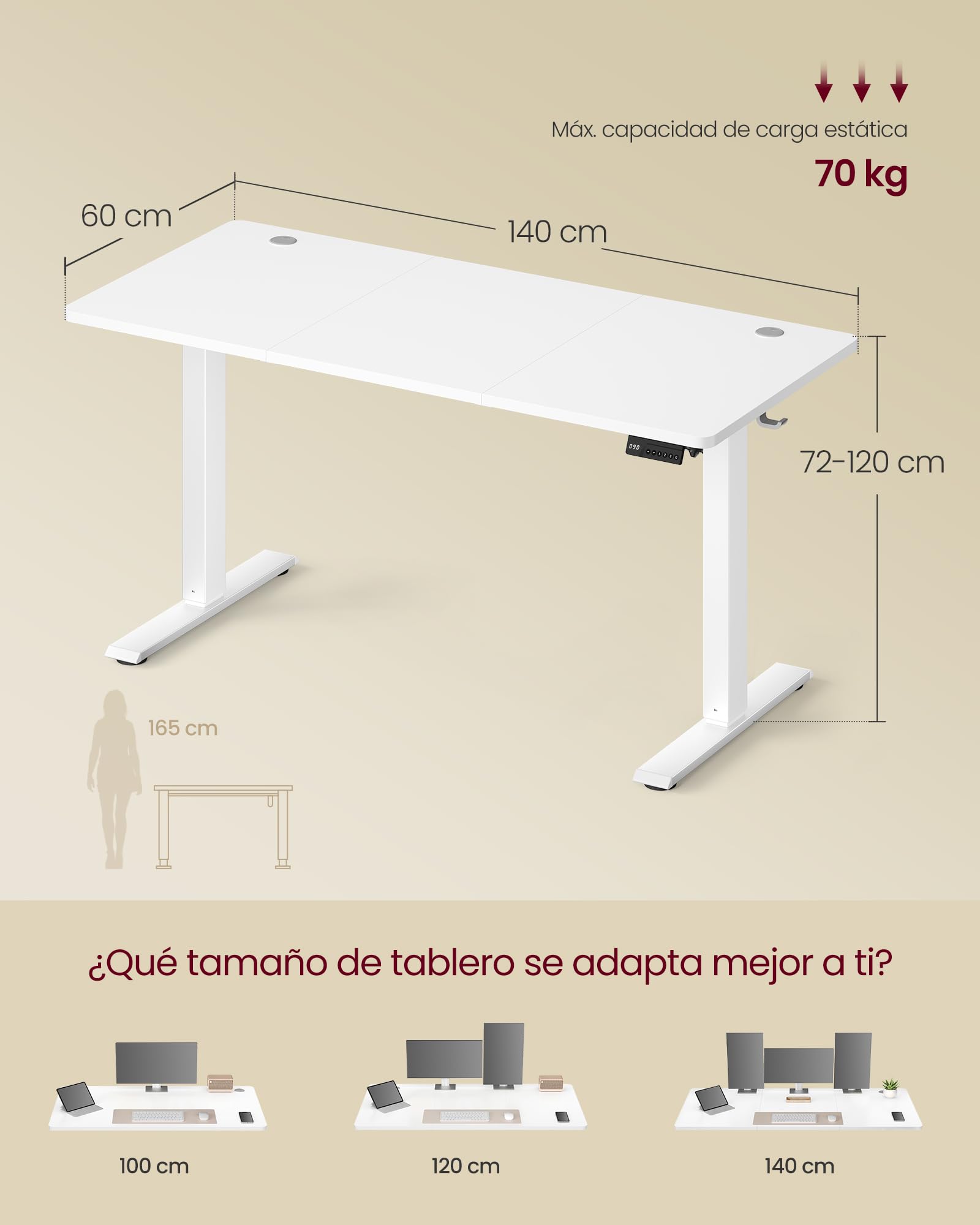 VASAGLE Escritorio Eléctrico Ajustable en Altura, Escritorio para Ordenador, Recordatorio de Sedentarismo, Función de Memoria con 4 Alturas, para Oficina, 140 x 60 cm, Blanco Nube LSD314WZ03 — view 3