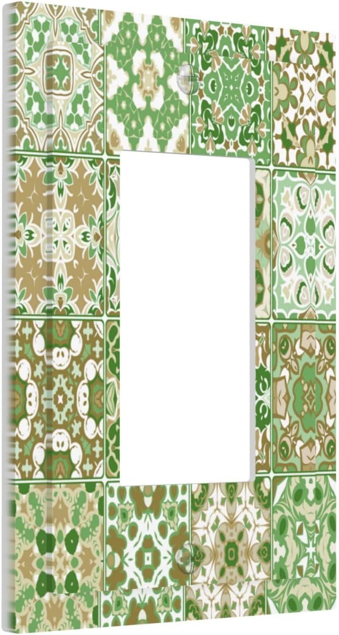 Light Switch Cover Plate Vintage Boho Green Talavera Moroccan Botanical 1 Gang Single Rocker Outlet Covers Decorative Switch plates Electrical Socket Covers for Kitchen Livingroom Decor