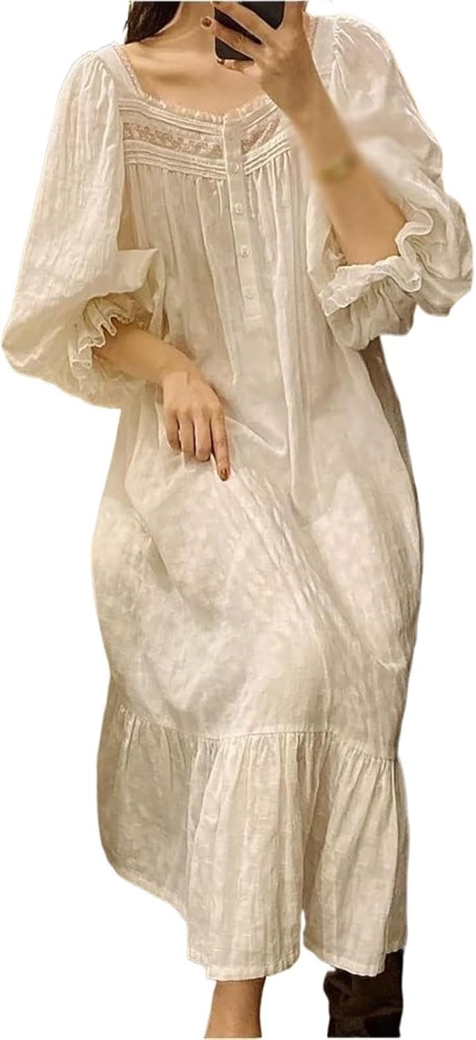 Pyjama vintage pour femmes en coton : chemise de nuit longue blanche taille M
