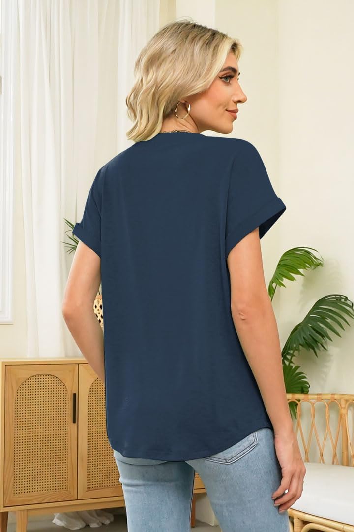 Womens Striped Henley Summer Tops V Neck Button Dressy Casual T Shirts Blouses 2026 Trendy Clothes - Image 3