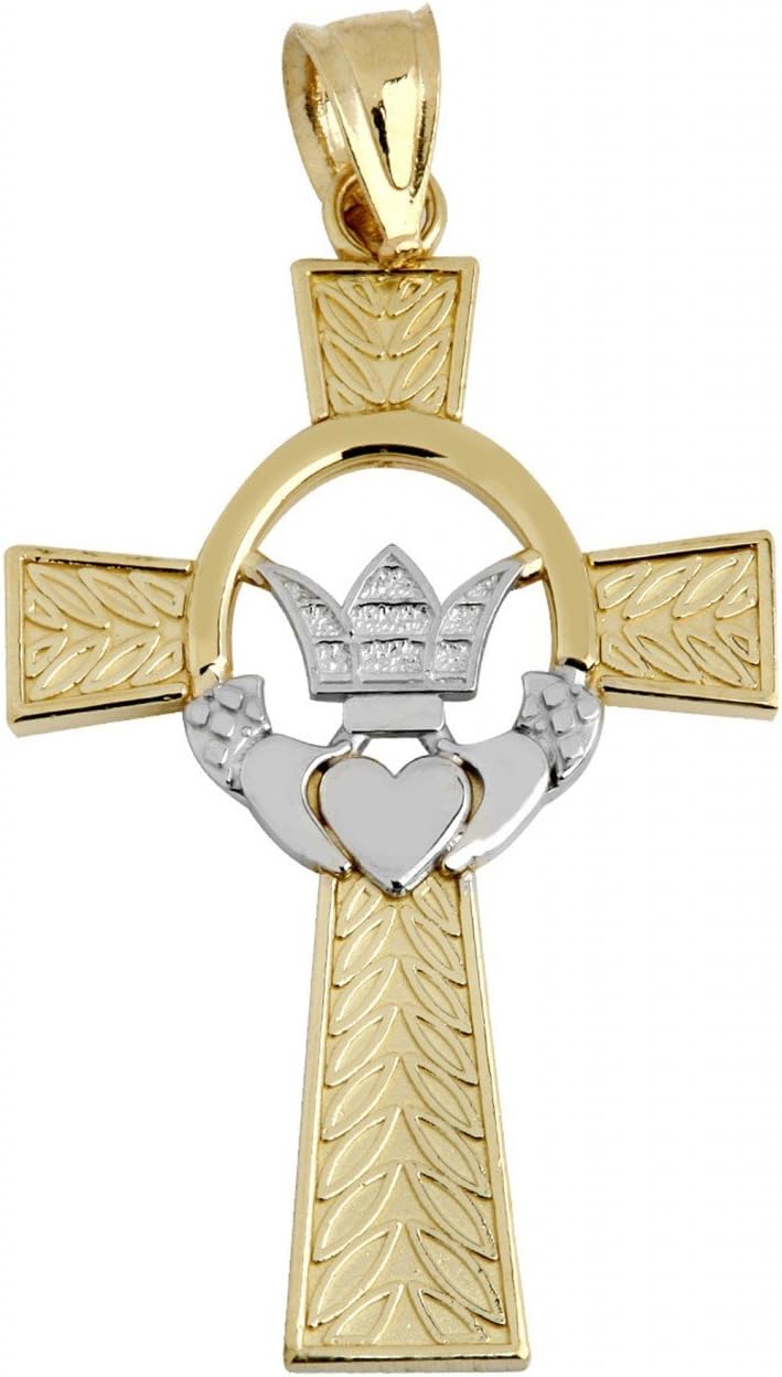 10k Two-Tone Gold Irish Claddagh Celtic Cross Pendant