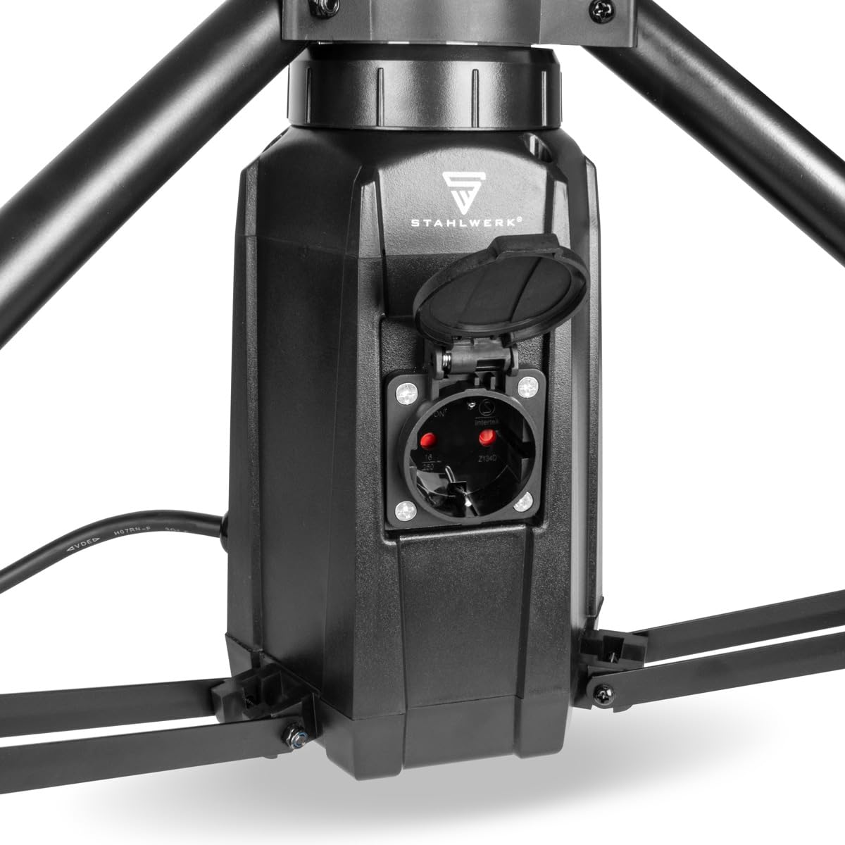 STAHLWERK LED-Turmstrahler TBS-100 ST 100 Watt 7.500 Lumen IP44 | 360° Baustrahler, 5.000 K Tageslichtfarbe, Bauleuchte mit 230 Volt Zusatzsteckdose