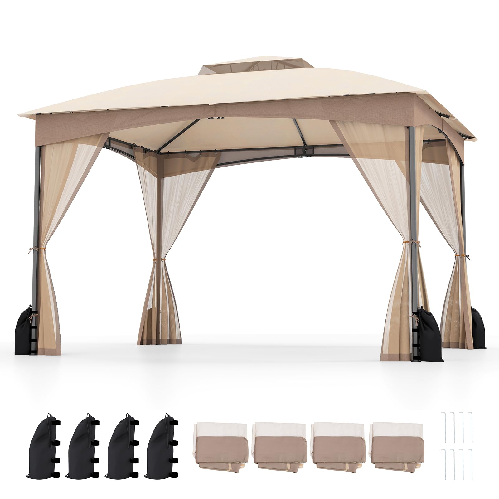 TANGZON Outdoor Gazebo, Heavy Duty Metal Frame Garden Gazebo Canopy Tent with 2-Tier Vent Roof & Side Walls, Waterproof Marquee Sunshade Shelter Pavilion (365x300x286cm, Khaki)