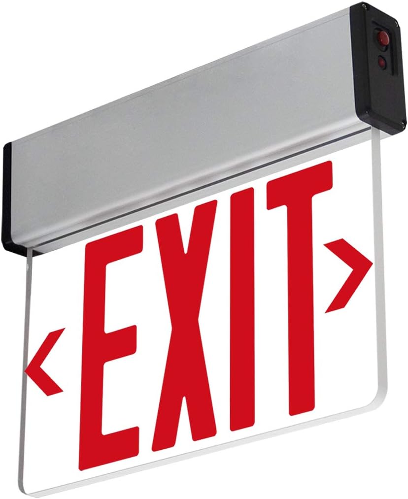 LFI Lights | Edge-Lit Red Exit Sign | Modern Design Brushed Aluminum Housing | All LED | Single-Sided Clear Acrylic Panel | Hardwired with Battery Backup | UL Listed | ELSM-R