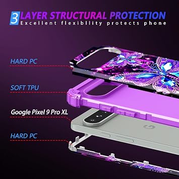 Miqala Google Pixel 9 Pro XL ケース、暗闇で光る 3層 高耐久 耐衝撃 フルボディ 保護 ハードプラスチックバンパー+ソフトシリコンケース Google Pixel 9 Pro XL用、ダークバタフライ