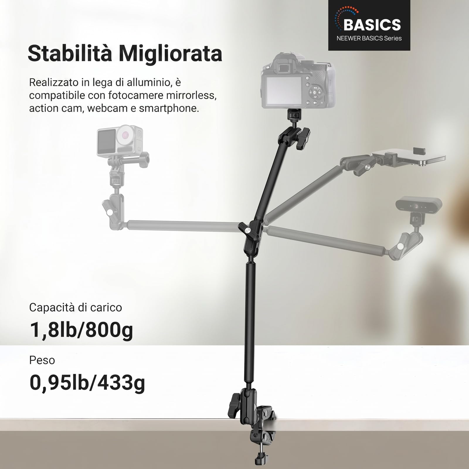 NEEWER BASICS UA062 - Braccio magico da 67 cm, con morsetto da scrivania e supporto magnetico per telefono compatibile con MagSafe iPhone Samsung Video Recording, DSLR Action Camera Webcam, carico