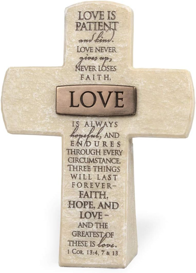 Lighthouse Christian Products Love is Patient and Kind Sandstone 5.5 Inch Cast Stone Bronze Title Bar Cross Figurine