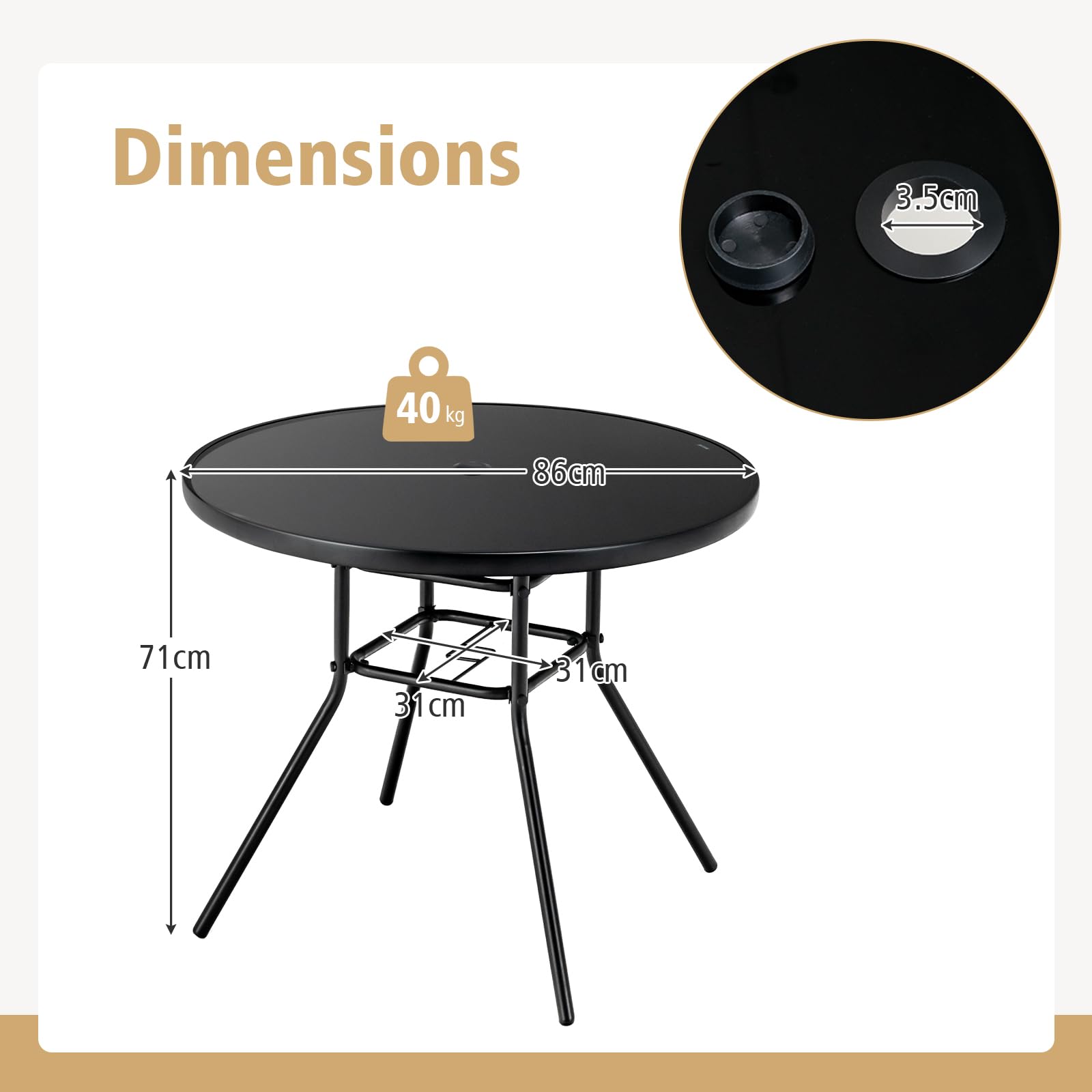 GIANTEX Table Bistrot 86 cm, Table à Manger de Jardin avec Trou pour Parasol de 3,5 cm, Plateau en Verre Sérigraphié, Cadre en Métal, Table d'Appoint Ronde, pour Jardin, Terrasse, Noir