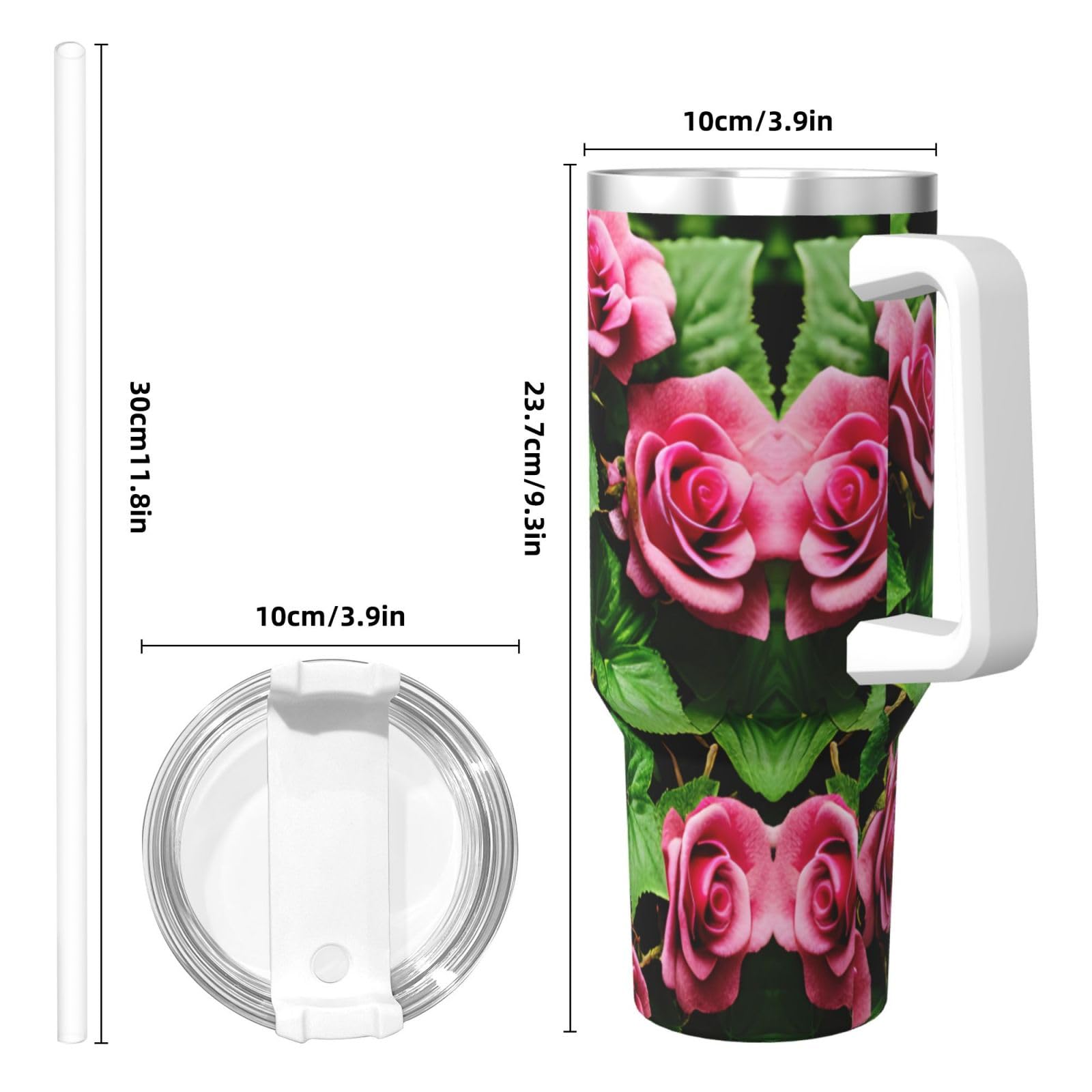 Trinkflasche mit Blumen-Rosen-Efeu mit Blättern, Edelstahl, doppelwandig, isoliert, mit Griff und Strohhalm-Deckel, 1,2 l