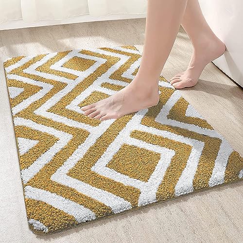 Image of Microfiber Shaggy Striped Design Bath Mat | Non Slip TPR Backing Absorbent Plush Door Floor Rug for Shower Bathroom Kitchen Living Room Home Decor (40x60 cm, Beige and White)