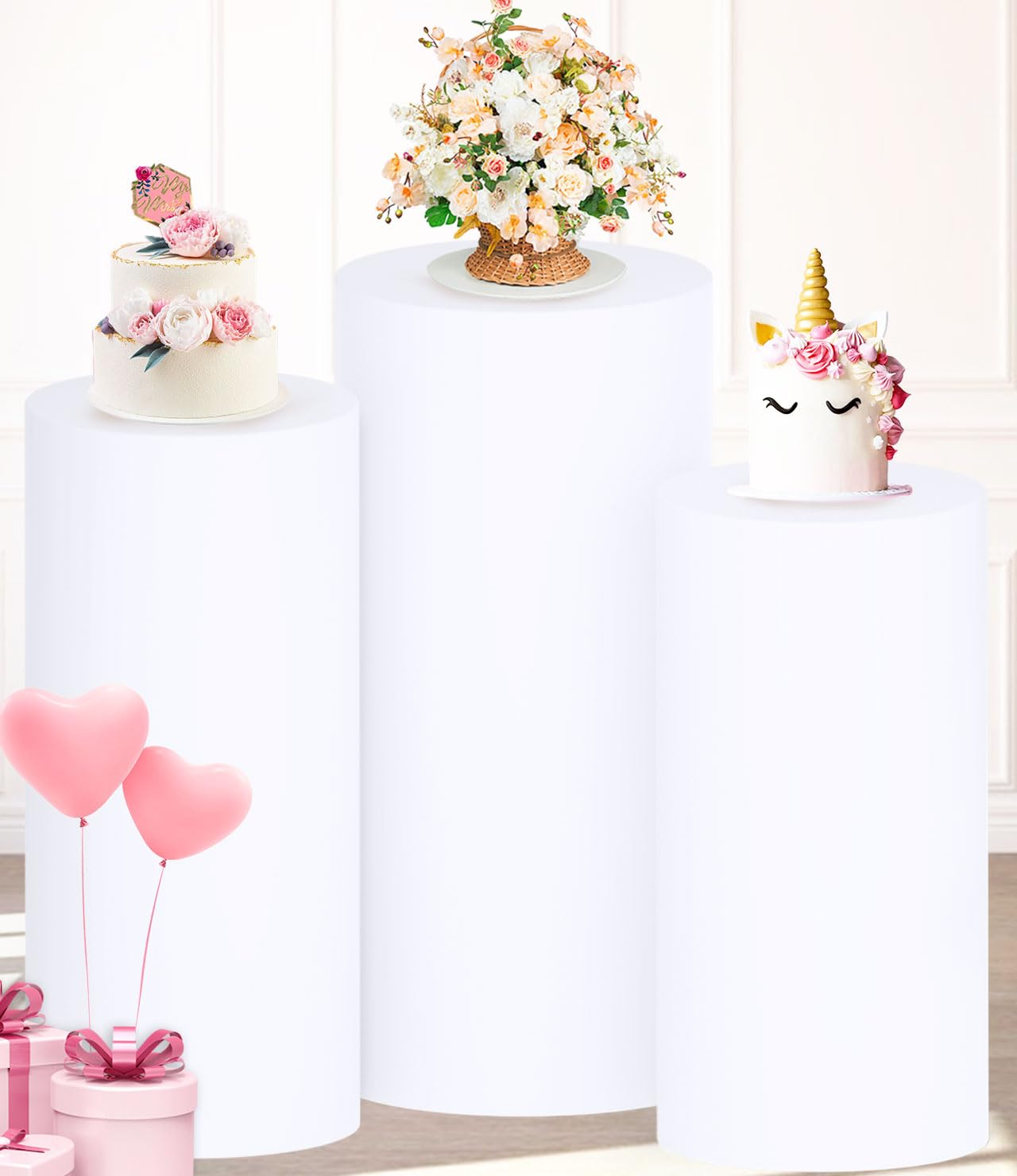 PATYDEST Spandex Cylinder Pedestal Cover Set of 3 White Cylinder Stand Covers Cylinder Pedestal Stand Cover Party Cylinder Plinth Stretchy Covers for