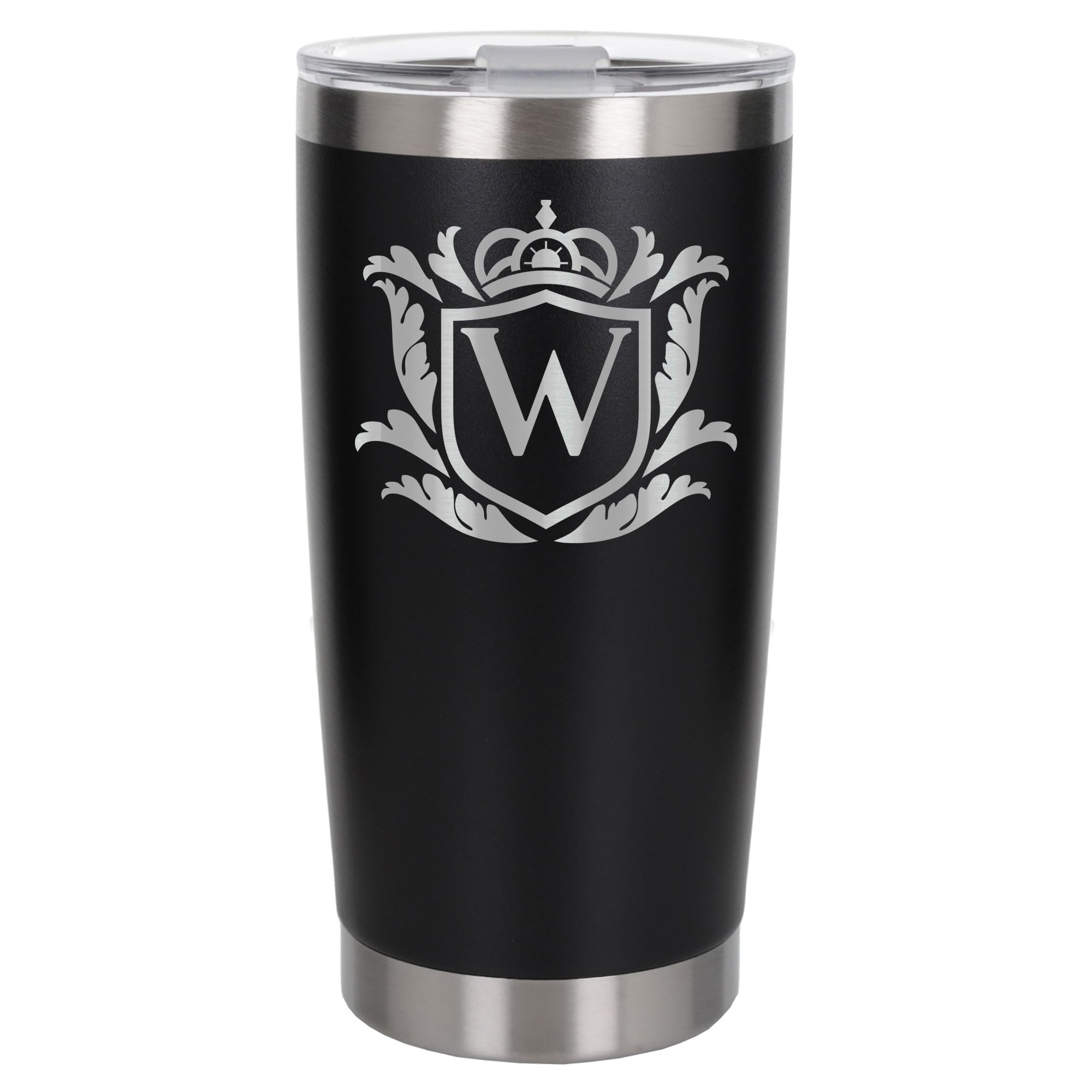 Customised Gifts 500ml Engraved Shield Initial Monogram Insulated Personalised Black Travel Mug for Men and Women - Personalised Initial Coffee Travel Mug for Hot and Cold Beverages, Letter W