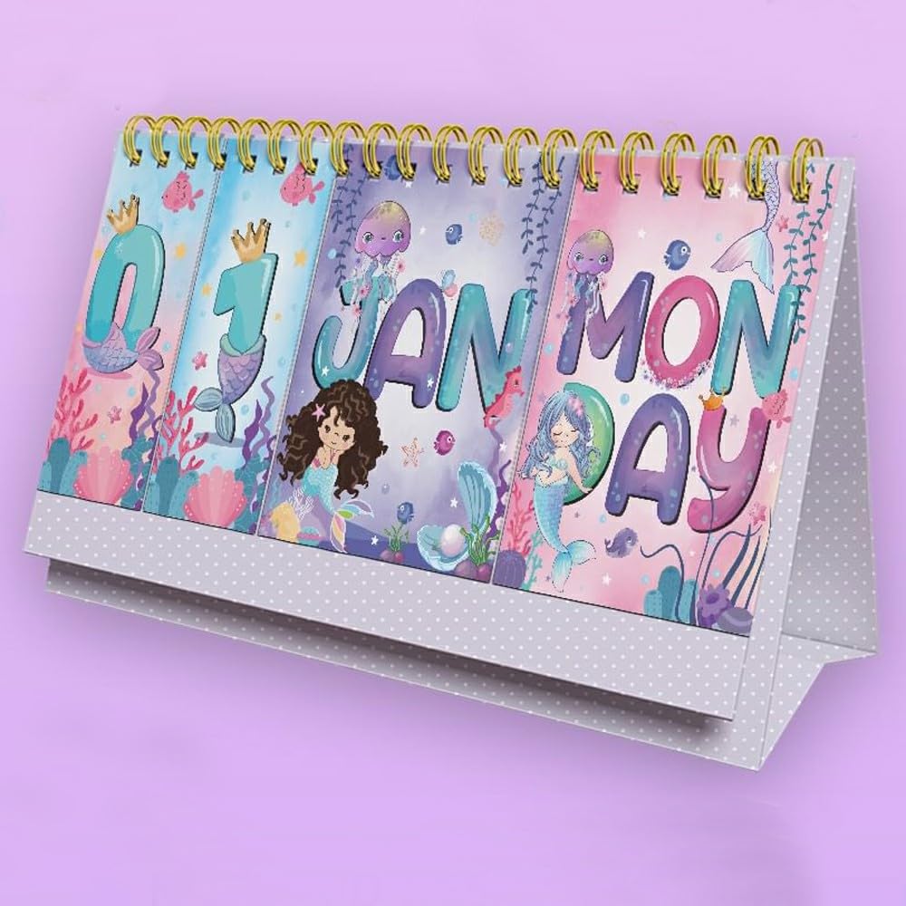 Penny Wise® Cartoon Theme Perpetual Continuous Dated Kids Calendar, Elegant Date Display, Eco Friendly Reusable Material, Office Desk Calendar & Home Decor, Single Piece. (Mermaid)