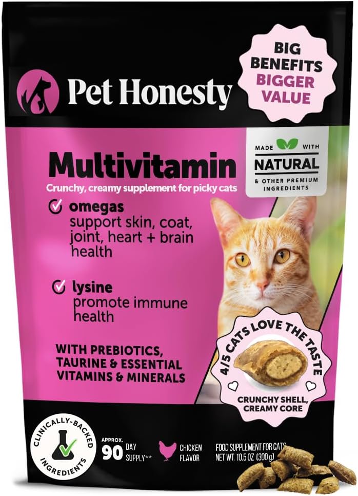 Cat Multivitamin Chews – Cat Treats for Health + Immune, Joint Support, Skin & Coat, and Digestion – Omega 3s, Lysine & Probiotics for Cats, Vitamins for Cats – Chicken (90-Day Supply)