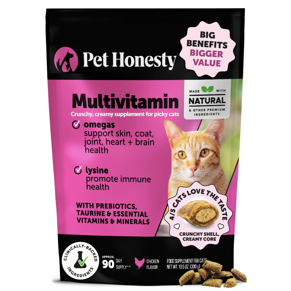 Cat Multivitamin Chews - Cat Treats for Health + Immune, Joint Support, Skin & Coat, and Digestion - Omega 3s, Lysine & Probiotics for Cats, Vitamins for Cats - Chicken (90-Day Supply)