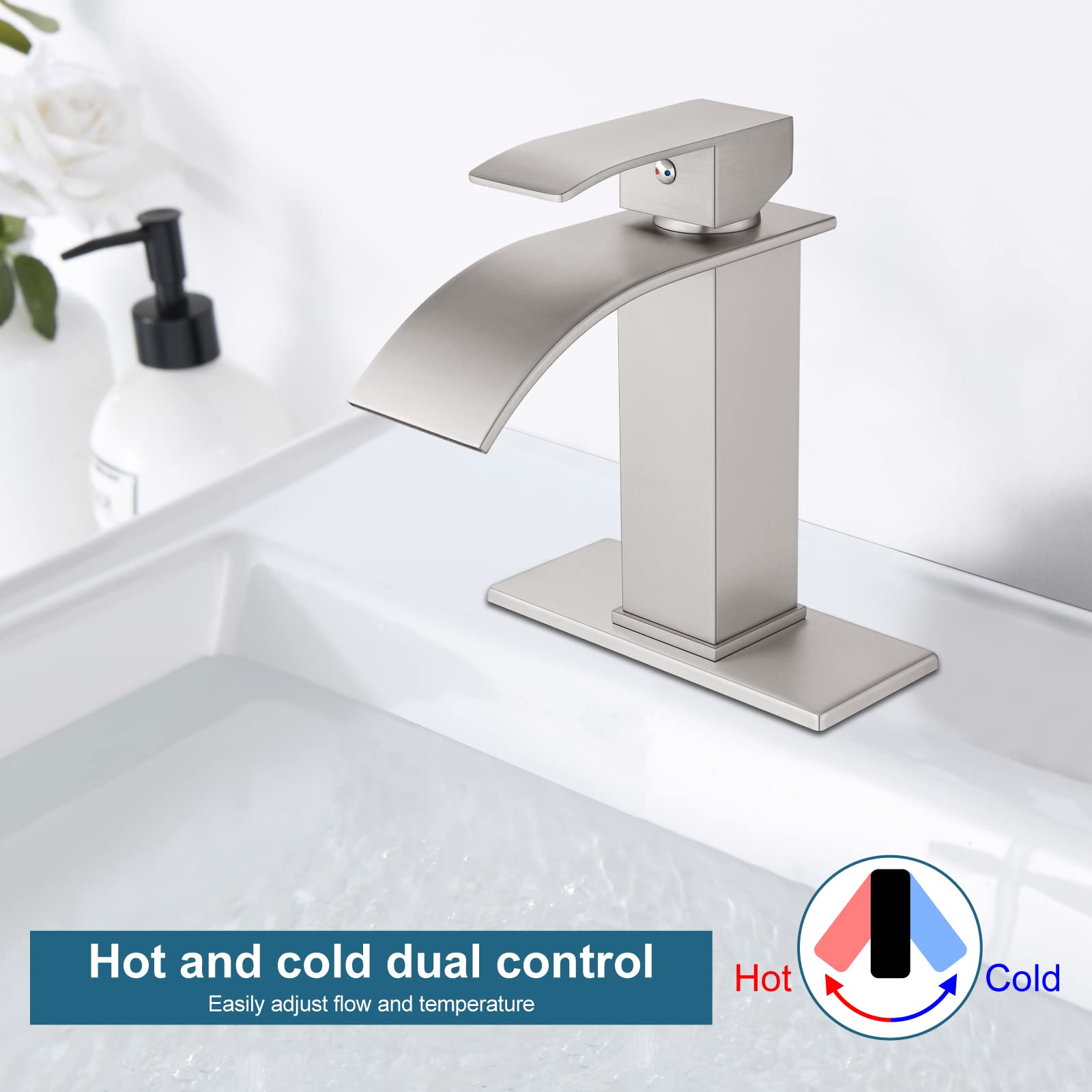 Midanya Brushed Nickel Bathroom Sink Faucet Waterfall Spout Single Handle 1 Hole Deck Mount Hot & Cold Water Mixer Tap Lavatory Vanity Sink Faucet Commercial with Deck Plate