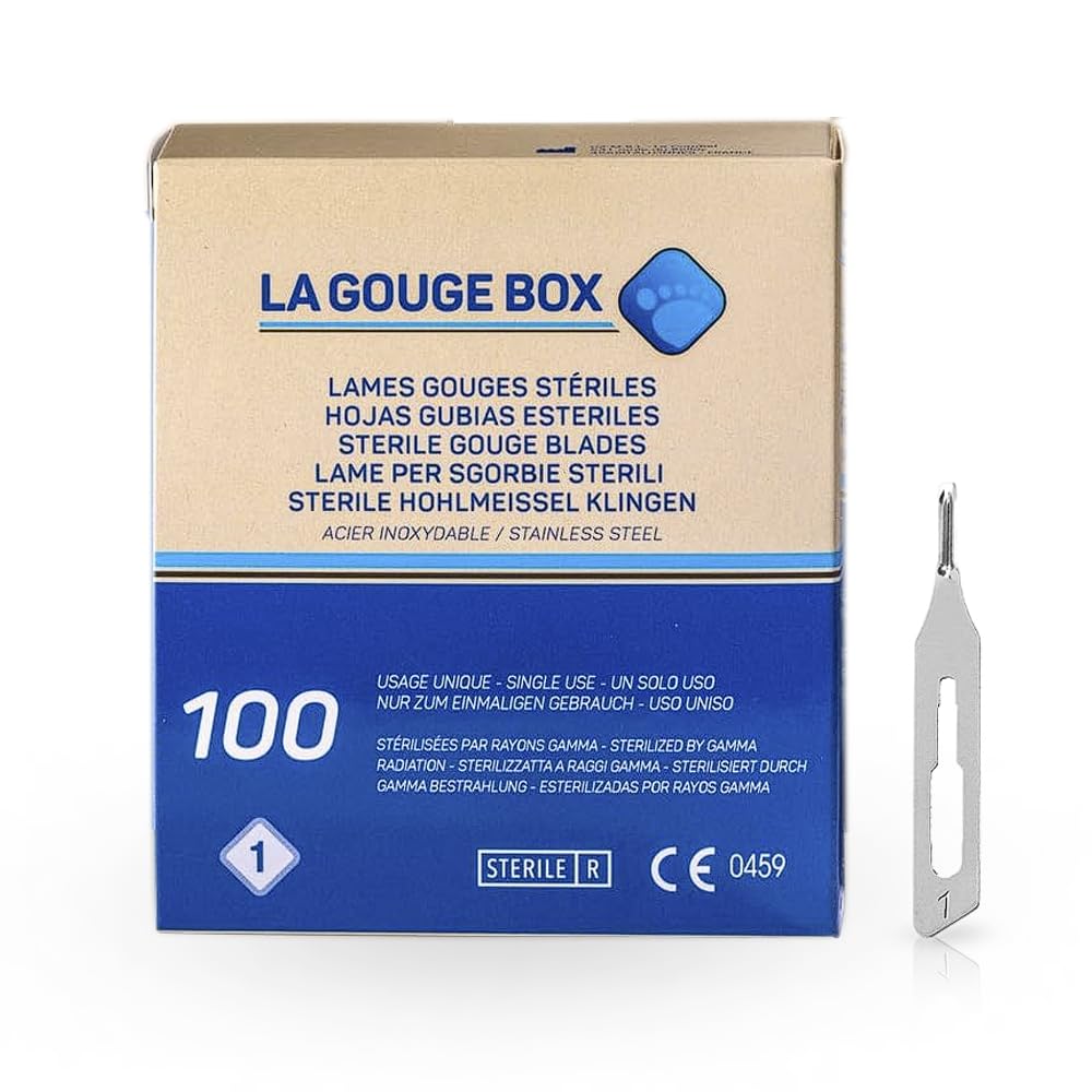 May Set Lames de Gouge pour Podologie & Pédicure | 100x Lames stériles Fig 1 en Acier Carbone + Manche de Scalpel N°3 en Inox | Instruments professionnels pour cors et callosités