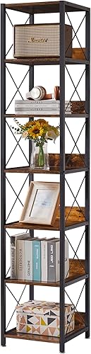 IBUYKE Estantería alta y estrecha de 6 niveles, estante esquinero de madera para espacios pequeños, estantería abierta de pie libre, torre cuadrada