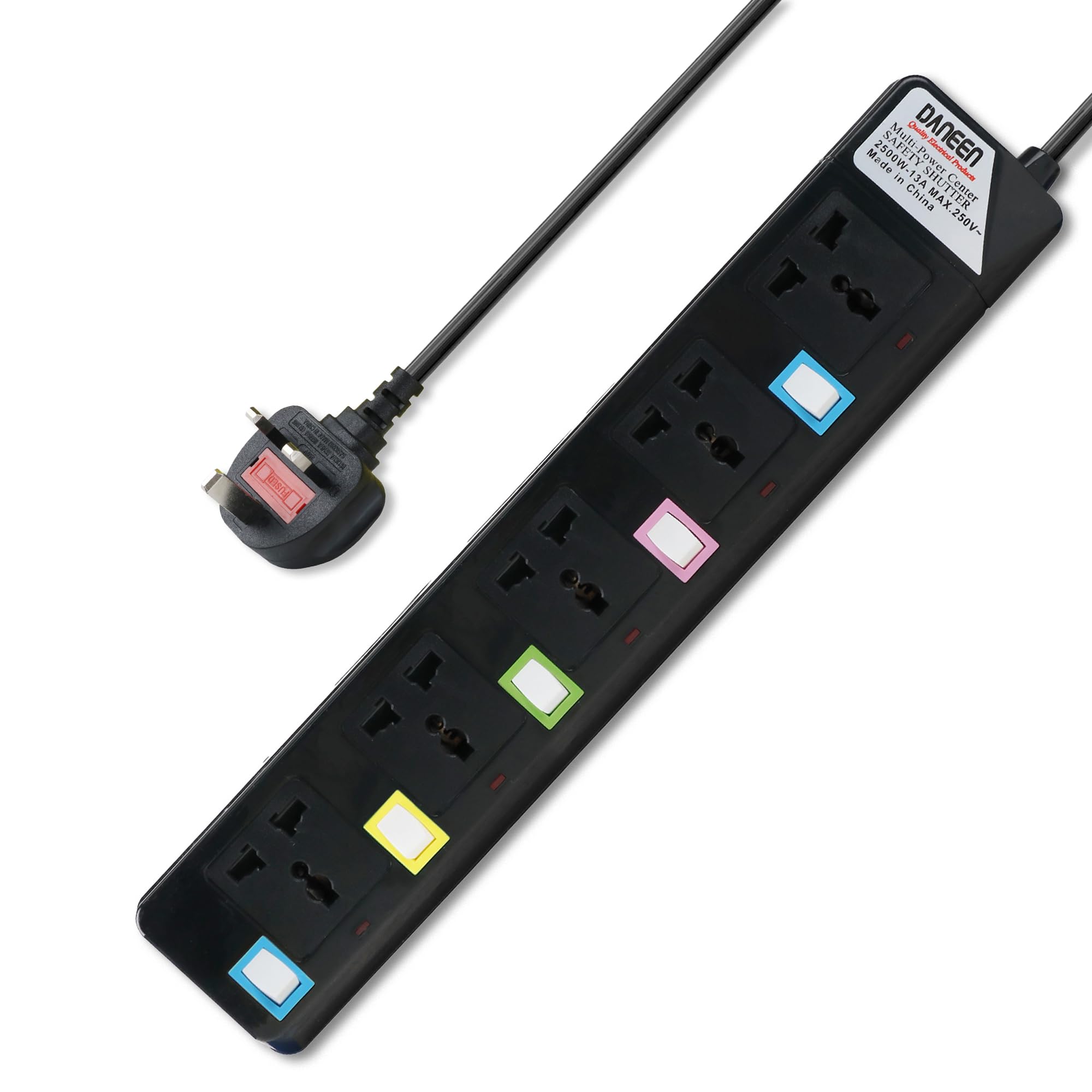 Universal Power Strips Extension Cord, 5 Outlets with individual Switches, 10A Fused UK 3 PIN Plug, Surge Protector - Black (5Meter, 3-Core)