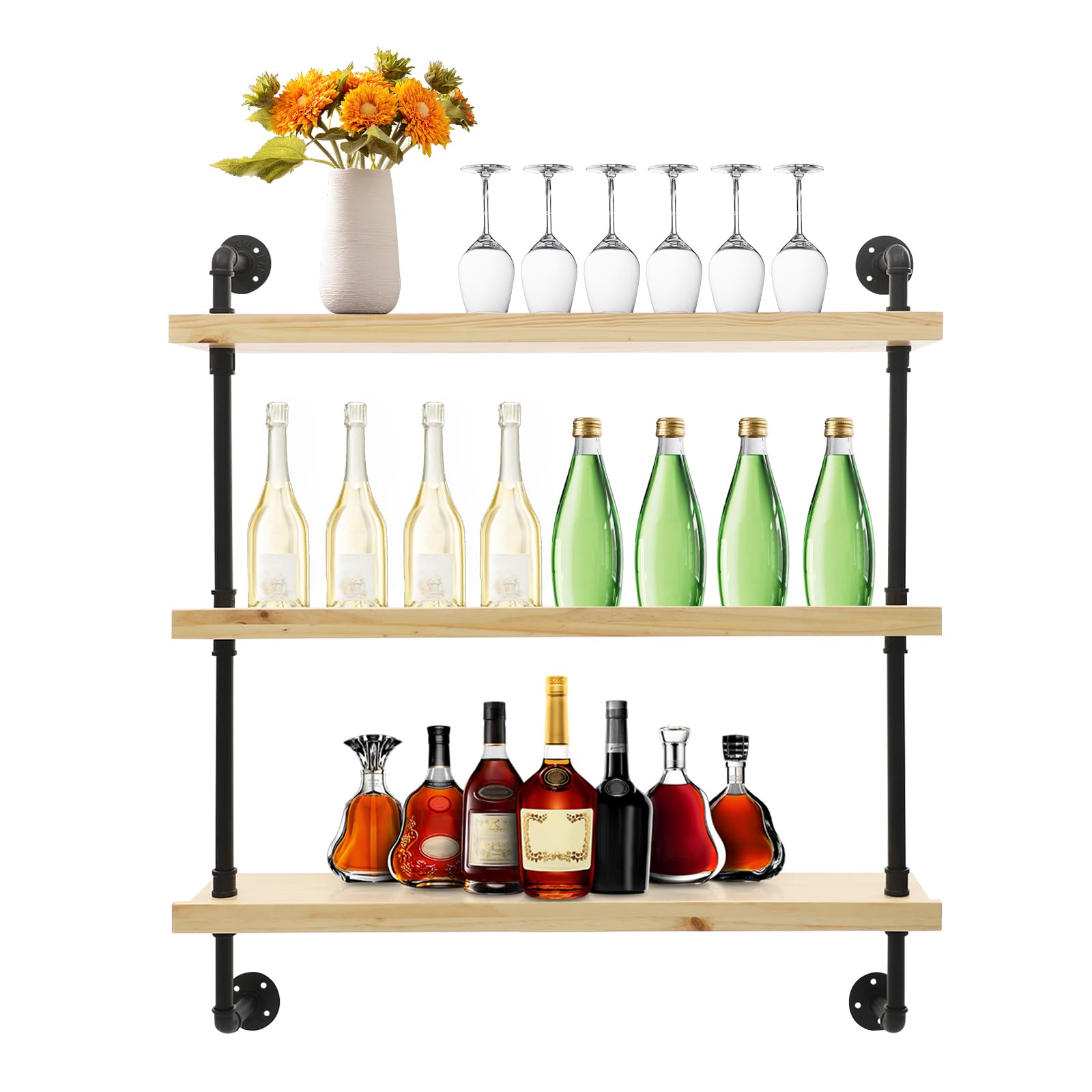 PSUFURV 39 Inch Bar Shelves Wall Mounted, Large Solid Wood Wine Rack 3-Tiers Floating Bar Shelves for Restaurant Bar Wine Shop Wall Bar Cabinet Display Storage Organizer - Log Color