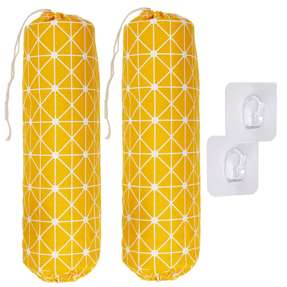 CRASPIRE 2Pcs Yellow Plastic Bag Holder 2 Sticky Hooks Canvas Wall Mount Plastics Bags Organizer Drawstring Washable Large Grocery Container Dispenser Groceries Carrier Holder for Home Travelling