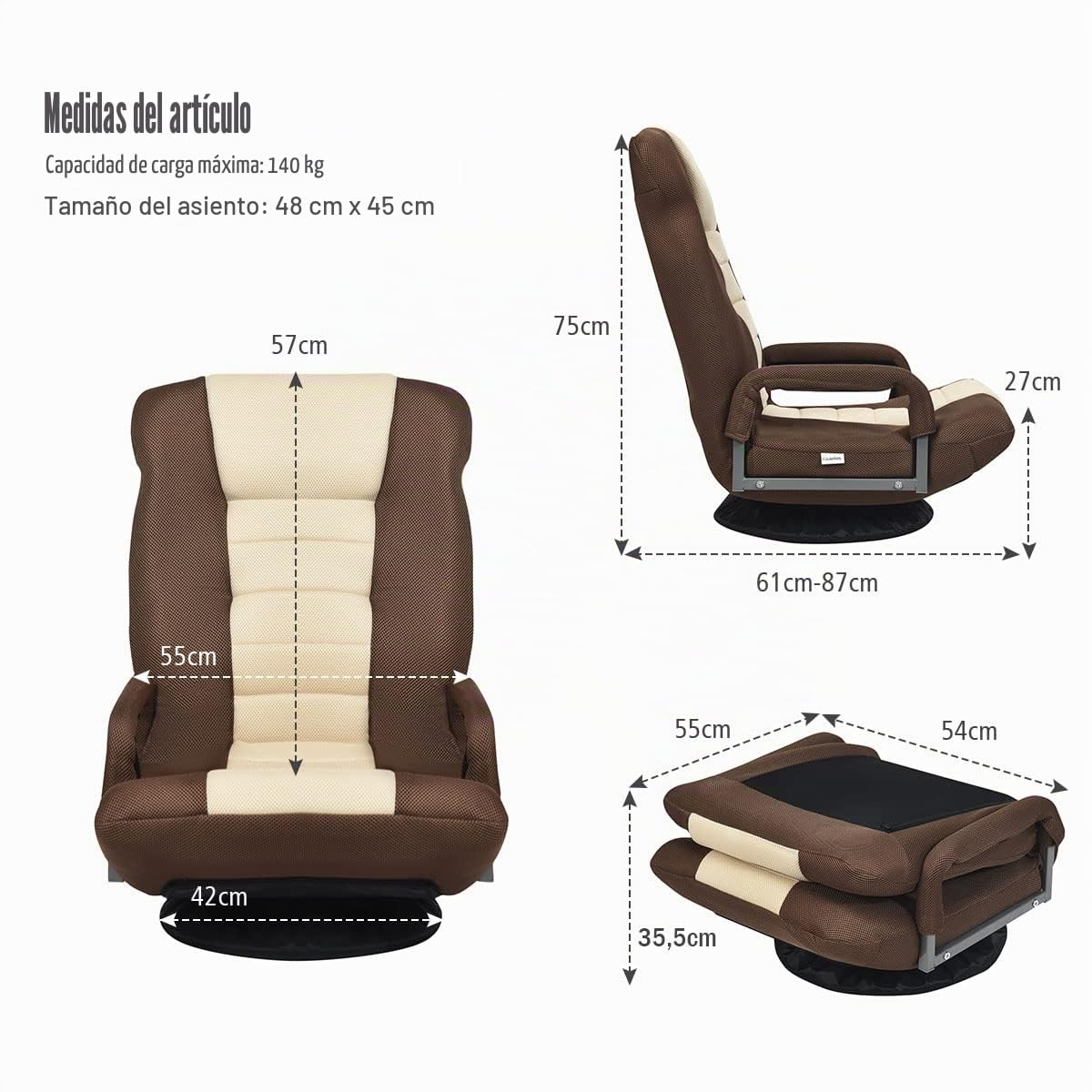 GOPLUS Sillón Relax Plegable Giratorio 360° | Silla Perezosa con Respaldo Ajustable en 5 Posiciones, Reposabrazos, 85 x 75 x 55 cm, Carga 120 kg (Marrón)