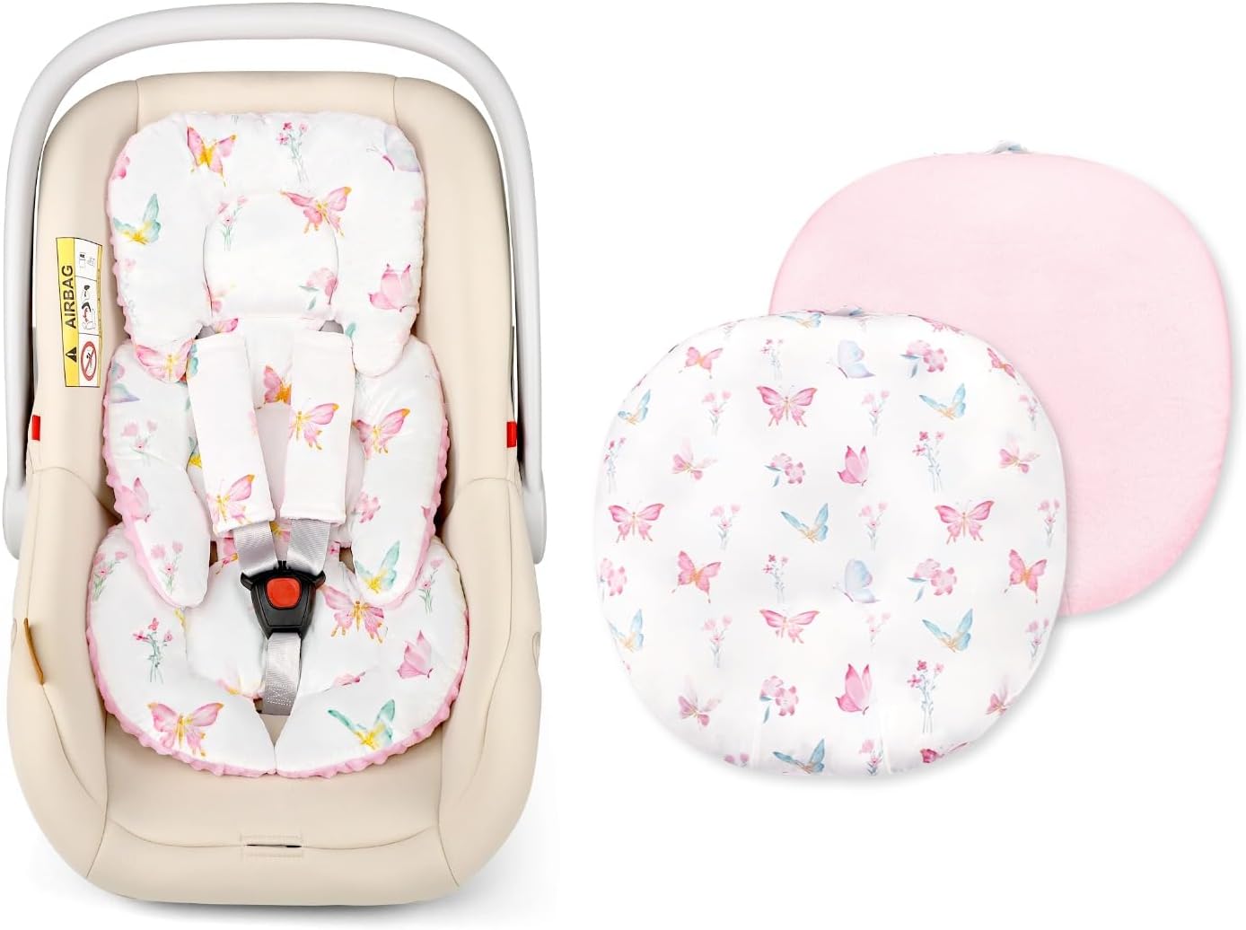 Newborn Lounger Cover & Infant Car Seat Insert, Baby Lounger Cover & Carseat Head Support for Girls Boys, Soft Slipcover & Baby Car Seat Cushion Fits Newborn Lounger, Pink Butterfly - Image 1 of 9