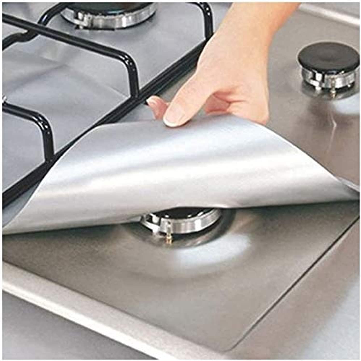TBA Gas Stove Burner Liners, 4 Pack Non-Stick Reusable Gas Range Protectors Top Covers for Gas Burners Heat-resistant, Double Thickness, 10.6â€ x10.6â€ (Silver)