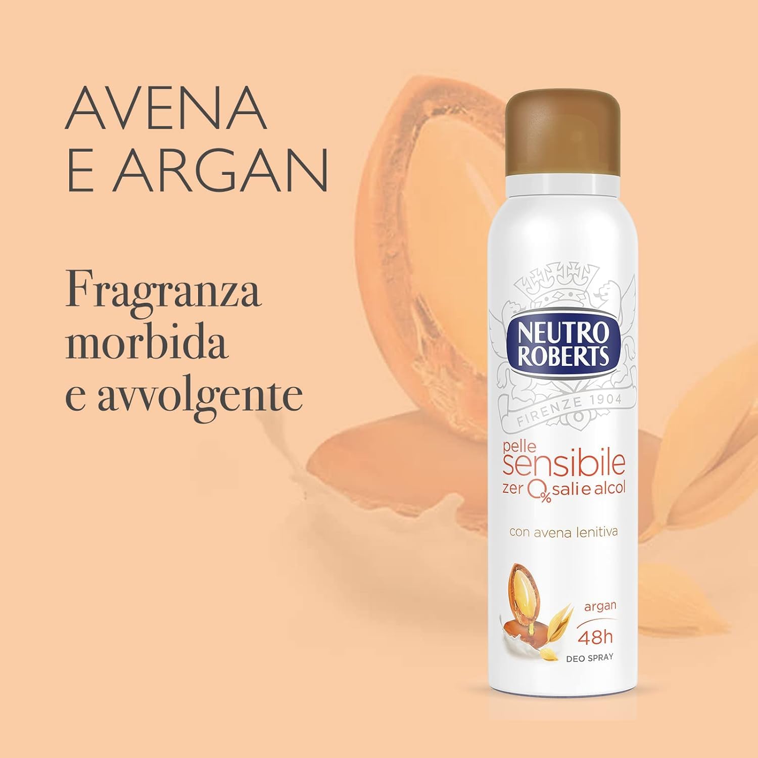 Neutro Roberts Avena Lot de 6 déodorants en spray pour peaux sensibles à l'avoine et à l'argan Efficace 48 heures Sans sels ni alcool 150 ml + porte-clés Beni Culinari