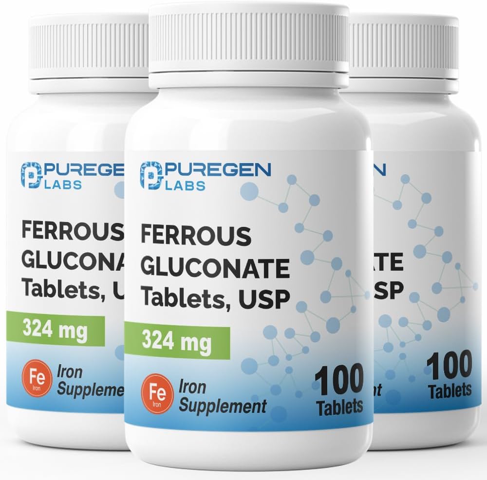 Puregen Labs Ferrous Gluconate 324 mg [High Potency] Iron Supplement, Gentle on Stomach | 3 Pack - 300 Tablets Total