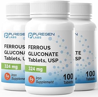 Puregen Labs Ferrous Gluconate 324 mg [High Potency] Iron Supplement, Gentle on Stomach