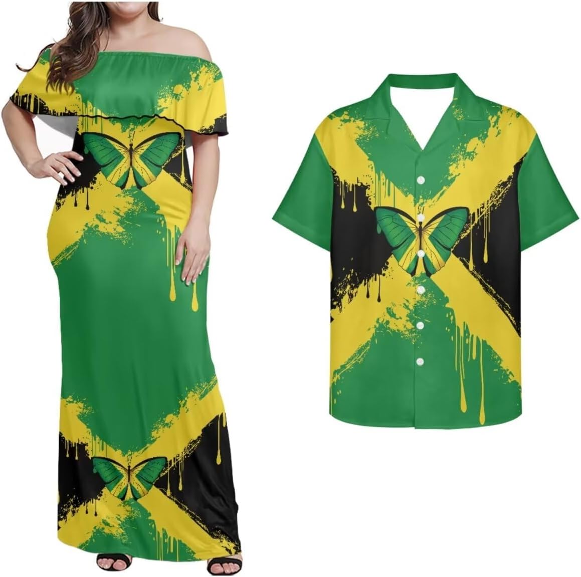 Jamaican Couple Matching Jamaican Clothing Jamaica Flag Dresses & Man Shirt Jamaican Couple Dress for Men and Women