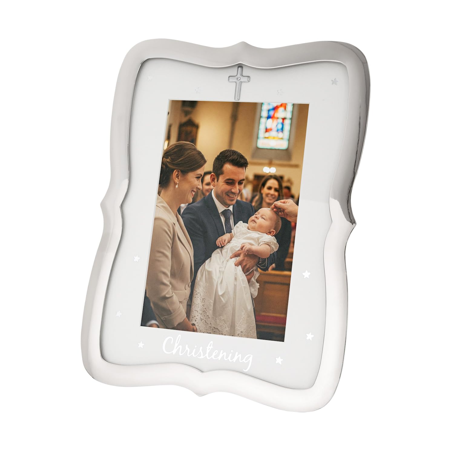 Happy Homewares Silver Christening Picture Frame Nickel Plated With Diamante Crystal Cross And Small Foil Stars | 4X6 Photo | Wall Or Table