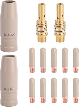 14pcs Mig Welding Nozzle Tips with Non-Stick Coating, 10 0.035in/0.9mm Contact Tips 2 Gas Diffuser 2 Gas Nozzles Welder Torch Accessory Compatible with MB15 15AK Welding Gun