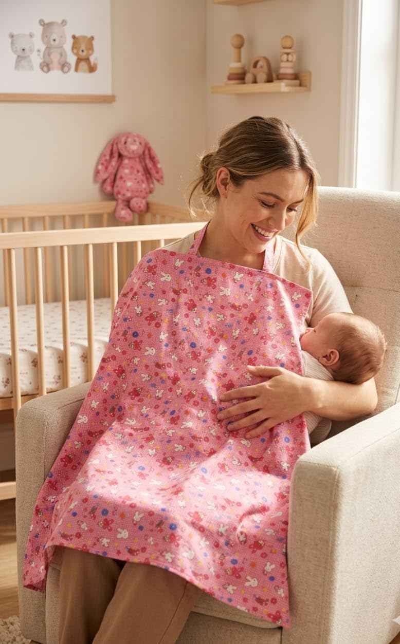 Breastfeeding Nursing Cover Apron for Moms | Cotton Feeding Cover with Neck Strap & Adjustable Clip | Privacy Cover for Baby Feeding (Light Pink with Multicolor Print)-image-10