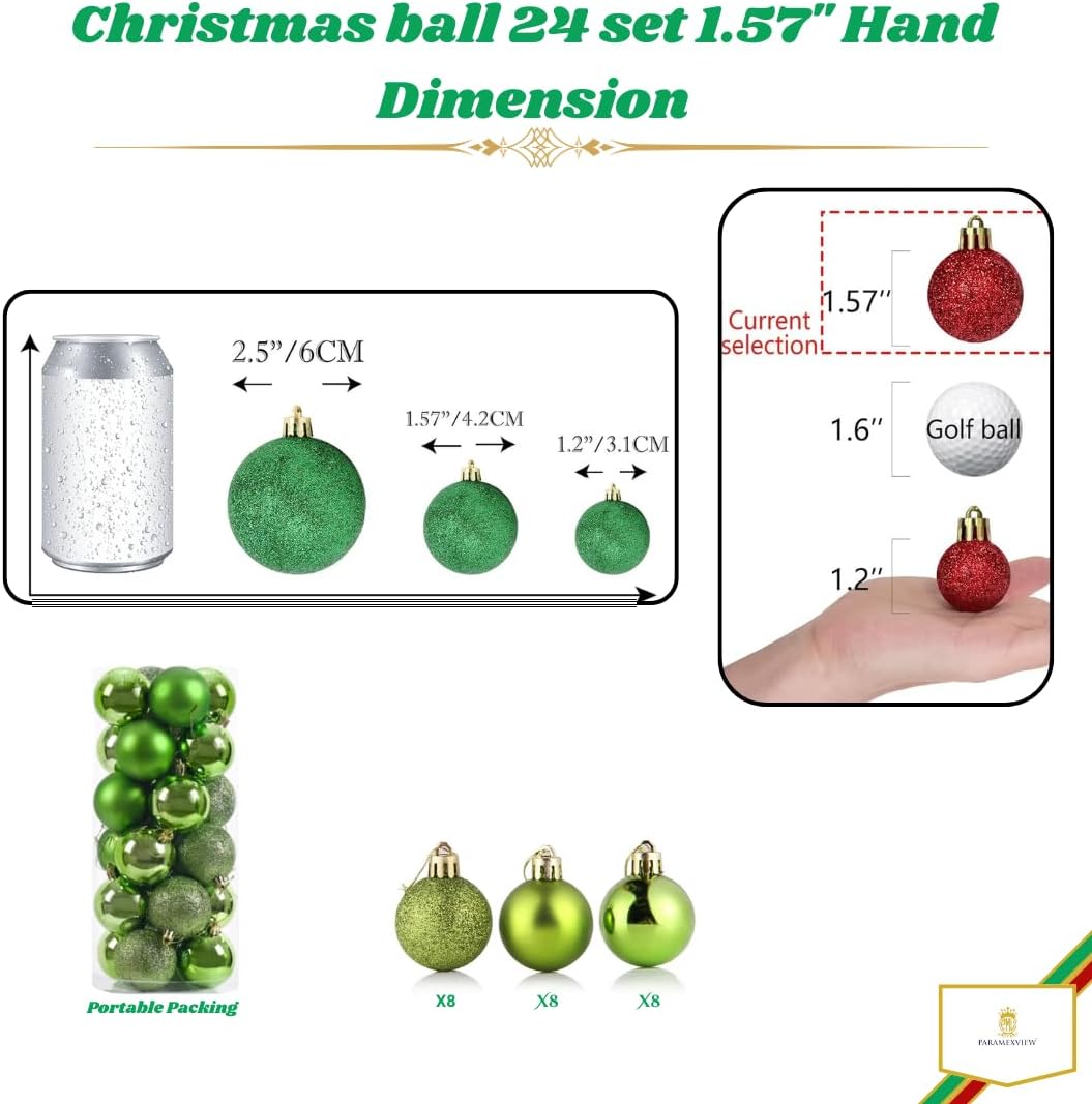 Paramexview®  Christmas Balls Set, 40mm/1.57 inch, Christmas Tree Hanging Shatterproof Ornaments Decoration, Pre-Hooked Hanging Balls, Seasonal Home Decoration for Trees (Green)