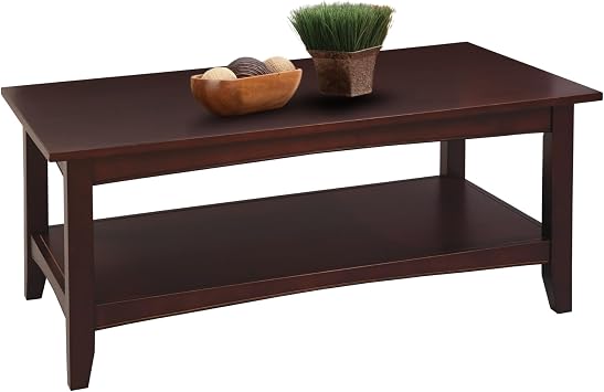 Shaker Cottage 42-Inch Rectangular Coffee Table 2-Tier Hardwood Center Table with Bottom Shelf for Living Room, Bedroom, or Home Office by Alaterre Furniture Espresso Finish