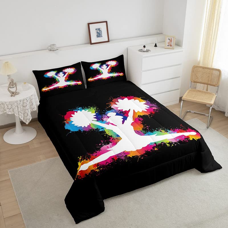 Image of Feelyou Colorful Cheerleader Comforter Set Cheerleading Comforter for Kids Boys Girls Cheer Team Bedding Set Breathable Gymnastics Lovers Black Duvet Set Room Decor Quilt Set Full Size