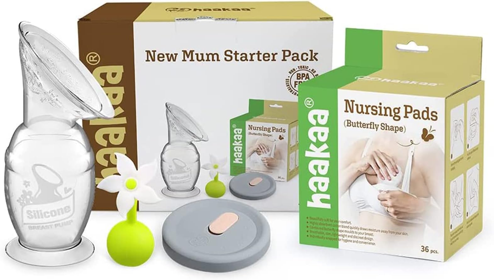 haakaa New Mum Starter Pack - Silicone Manual Breast Pump with Lid Breast Milk Collector 5oz - Flower Stopper Breastmilk Leak Catcher - Disposable Nursing Pads for Breastfeeding Mom Gift