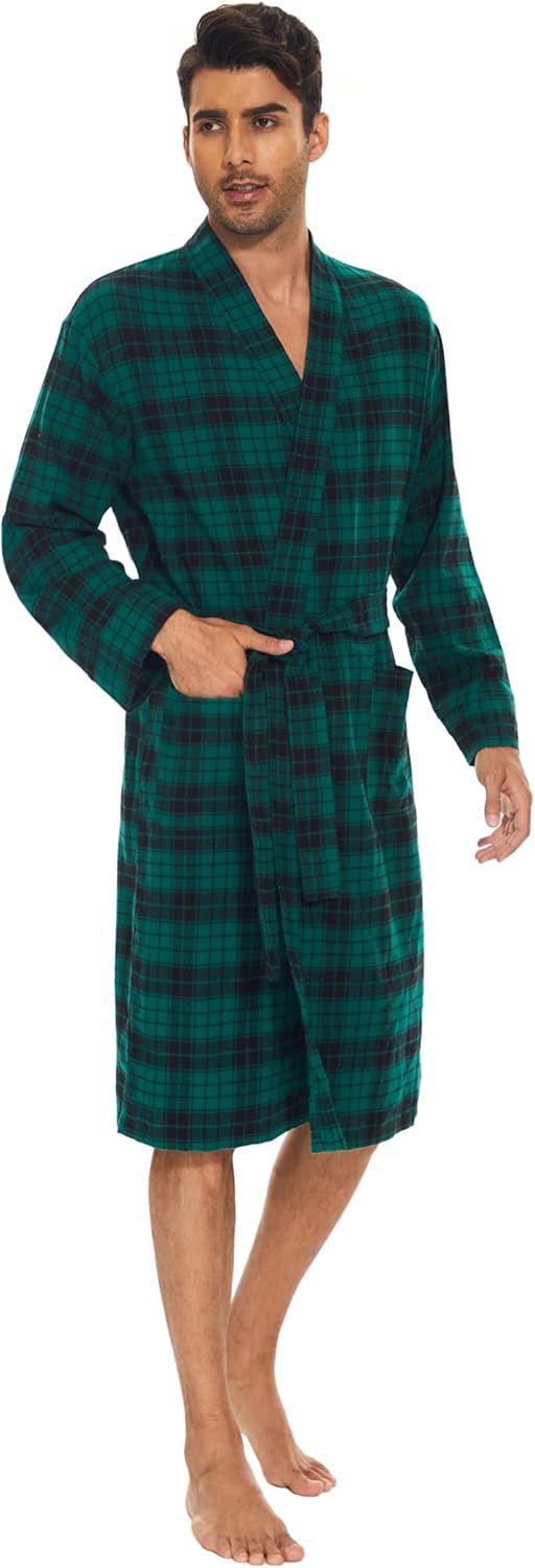 Zerbala Men's Flannel Robe Knee Length Plaid Bathrobe - Image 3