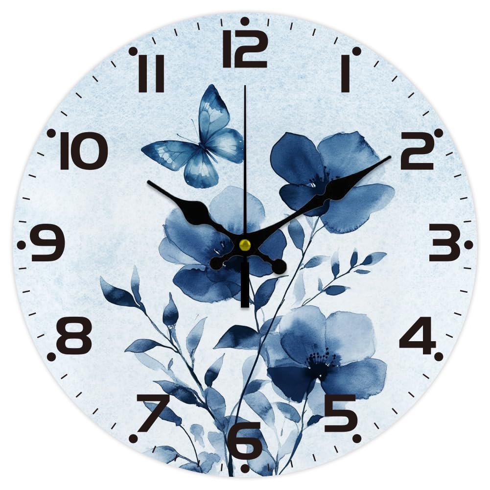 CHGCRAFT Reloj de pared con diseño de flores degradadas azules de 12 pulgadas, funciona con pilas, silencioso, sin tictac, diseño de mariposas, reloj decorativo redondo para oficina, hogar, sala de